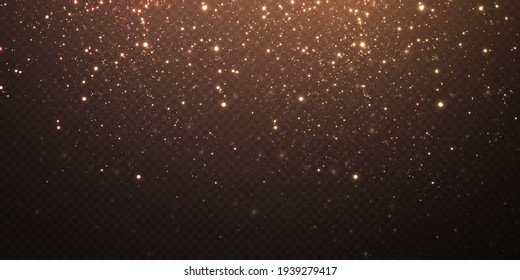 Christmas background. Powder PNG. Magic shining gold dust. Fine, shiny dust bokeh particles fall off slightly. Fantastic shimmer effect. Vector illustrator.