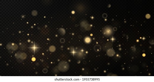 Christmas background. Powder PNG. Magic shining gold dust. Fine, shiny bokeh dust particles fall off slightly. The magical effect of flickering lights.