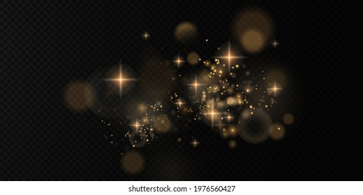 Christmas background. Powder PNG. Magic shining gold dust. Fine, shiny bokeh dust particles fall off slightly. The magical effect of flickering lights.