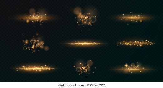 Christmas background. Powder PNG. Magic shining gold dust. Fine, shiny bokeh dust particles fall off slightly. The magical effect of flickering lights.