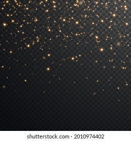 Christmas background. Powder PNG. Magic shining gold dust. Fine, shiny dust bokeh particles fall off slightly. Fantastic shimmer effect. Vector illustrator.