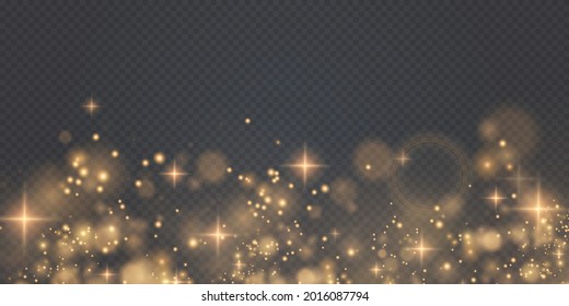 Christmas background. Powder PNG. Magic shining gold dust. Fine, shiny bokeh dust particles fall off slightly. The magical effect of flickering lights.