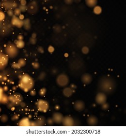 Christmas background. Powder PNG. Magic shining gold dust. Fine, shiny bokeh dust particles fall off slightly. The magical effect of flickering lights.