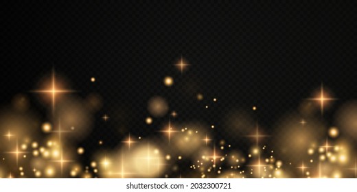 Christmas background. Powder PNG. Magic shining gold dust. Fine, shiny bokeh dust particles fall off slightly. The magical effect of flickering lights.