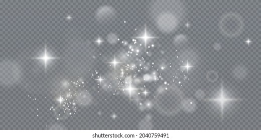 Christmas background. Powder PNG. Magic shining white dust. Fine, shiny bokeh dust particles fall off slightly. The magical effect of flickering lights.