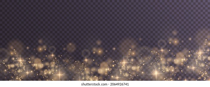 Christmas background. Powder PNG. Magic shining gold dust. Fine, shiny dust bokeh particles fall off slightly. Fantastic shimmer effect.