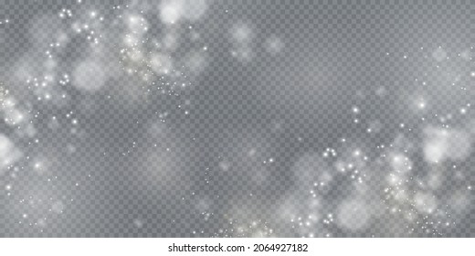 Christmas background. Powder PNG. Magic shining white dust. Fine, shiny dust particles fall off slightly. Fantastic shimmer effect.