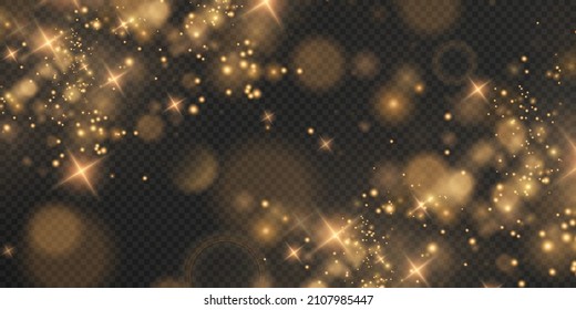 Christmas background. Powder PNG. Magic shining gold dust. Fine, shiny dust bokeh particles fall off slightly. Fantastic shimmer effect.