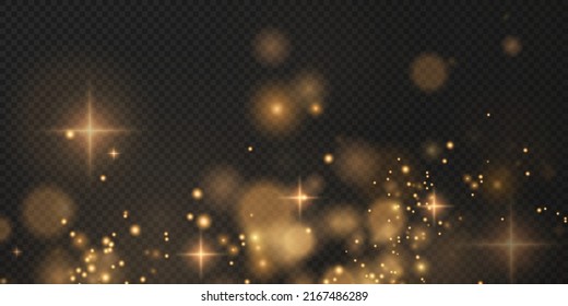 Christmas background. Powder PNG. Magic shining gold dust. Fine, shiny dust bokeh particles fall off slightly. Fantastic shimmer effect.