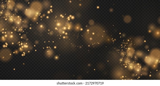 Christmas background. Powder PNG. Magic shining gold dust. Fine, shiny dust bokeh particles fall off slightly. Fantastic shimmer effect.