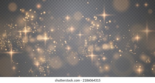Christmas background. Powder PNG. Magic shining gold dust. Fine, shiny dust bokeh particles fall off slightly. Fantastic shimmer effect.
