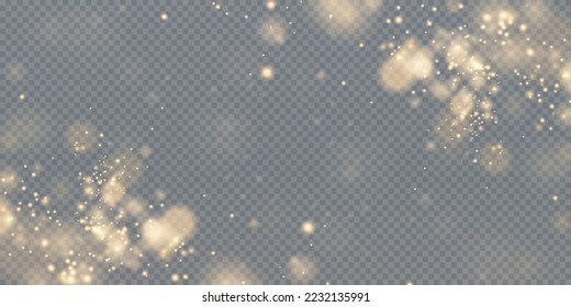 Christmas background. Powder PNG. Magic shining gold dust. Fine, shiny dust bokeh particles fall off slightly. Fantastic shimmer effect.