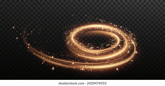 Christmas background. Powder PNG. Magic shining gold dust. Golden curved light line, rope, tape. Smooth festive gold line png with light effects.