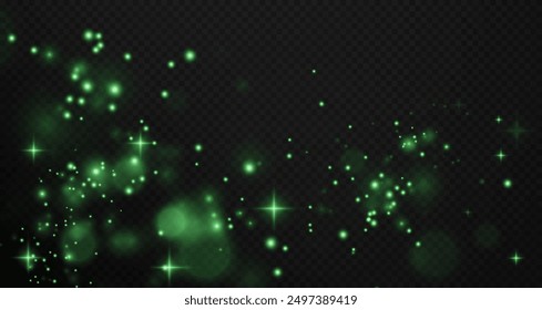 Christmas background. Powder PNG. Magic shining green dust. Fine, shiny dust bokeh particles fall off slightly. Fantastic shimmer effect.