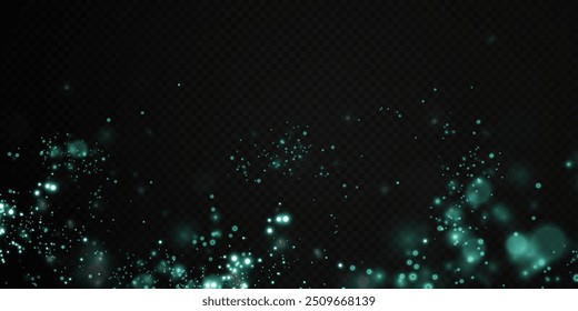 Christmas background. Powder PNG. Magic shining green dust. Fine, shiny dust green bokeh particles fall off slightly. Fantastic shimmer effect.