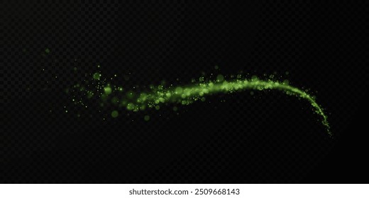 Christmas background. Powder PNG. Magic shining green dust. Fine, shiny dust green bokeh particles fall off slightly. Fantastic shimmer effect.