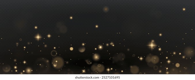 Christmas background. Powder PNG. Magic shining gold dust. Fine, shiny dust bokeh particles fall off slightly. Fantastic shimmer effect.