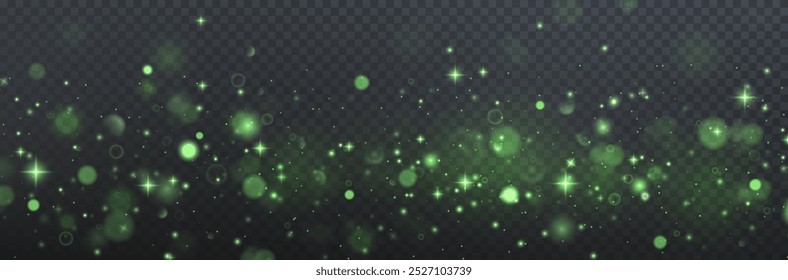 Christmas background. Powder PNG. Magic shining green dust. Fine, shiny dust green bokeh particles fall off slightly. Fantastic shimmer effect.