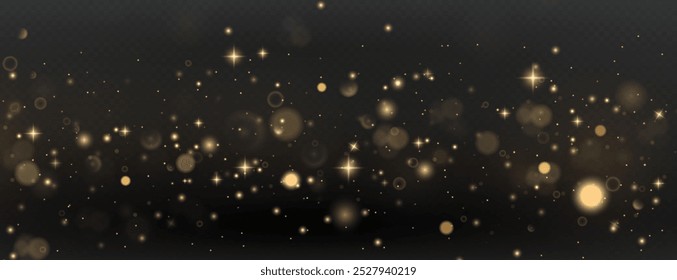 Christmas background. Powder PNG. Magic shining gold dust. Fine, shiny dust bokeh particles fall off slightly. Fantastic shimmer effect.