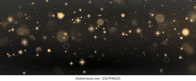 Christmas background. Powder PNG. Magic shining gold dust. Fine, shiny dust bokeh particles fall off slightly. Fantastic shimmer effect.