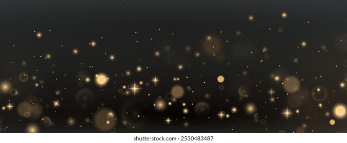 Christmas background. Powder PNG. Magic shining gold dust. Fine, shiny dust bokeh particles fall off slightly. Fantastic shimmer effect.