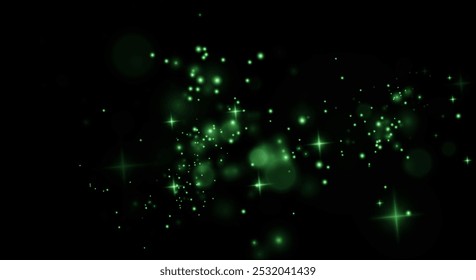 Christmas background. Powder PNG. Magic shining green dust. Fine, shiny dust green bokeh particles fall off slightly. Fantastic shimmer effect.	