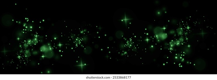 Christmas background. Powder PNG. Magic shining green dust. Fine, shiny dust bokeh green particles fall off slightly. Fantastic shimmer effect.