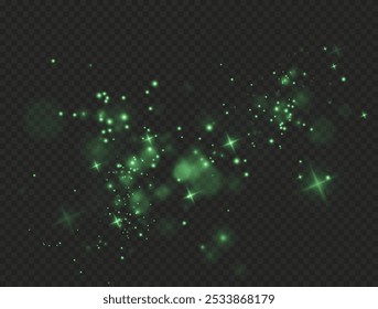 Christmas background. Powder PNG. Magic shining green dust. Fine, shiny dust bokeh green particles fall off slightly. Fantastic shimmer effect.