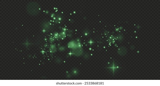 Christmas background. Powder PNG. Magic shining green dust. Fine, shiny dust bokeh green particles fall off slightly. Fantastic shimmer effect.