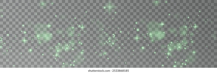 Christmas background. Powder PNG. Magic shining green dust. Fine, shiny dust bokeh green particles fall off slightly. Fantastic shimmer effect.