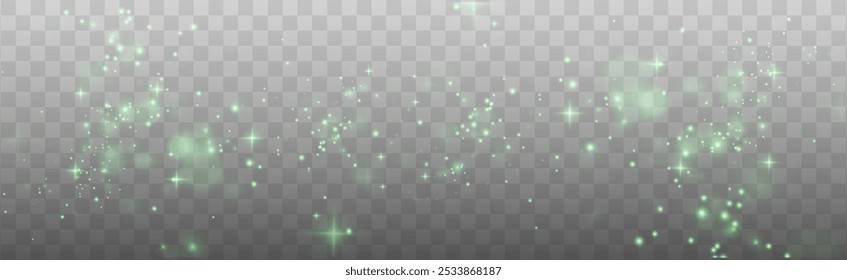 Christmas background. Powder PNG. Magic shining green dust. Fine, shiny dust bokeh green particles fall off slightly. Fantastic shimmer effect.