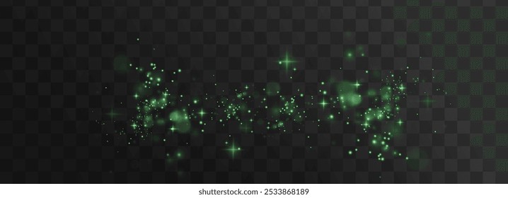 Christmas background. Powder PNG. Magic shining green dust. Fine, shiny dust bokeh green particles fall off slightly. Fantastic shimmer effect.