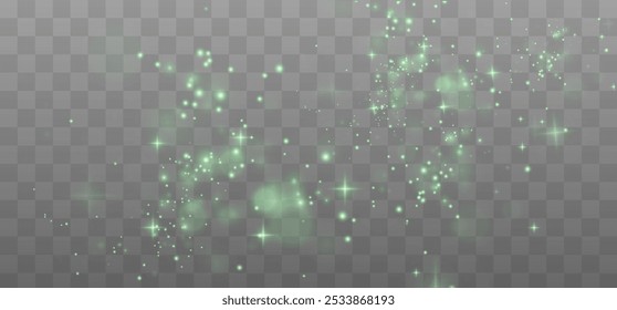 Christmas background. Powder PNG. Magic shining green dust. Fine, shiny dust bokeh green particles fall off slightly. Fantastic shimmer effect.