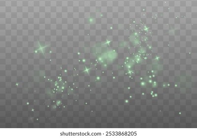 Christmas background. Powder PNG. Magic shining green dust. Fine, shiny dust bokeh green particles fall off slightly. Fantastic shimmer effect.