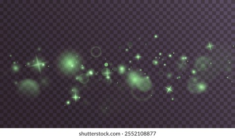 Christmas background. Powder PNG. Magic shining green dust. Fine, shiny dust bokeh particles fall off slightly. Fantastic shimmer effect.