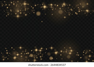 Christmas background. Powder PNG. Magic of shining gold dust. Fine, shiny dust particles on the sides slightly fall off. Fantastic shimmering effect.