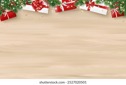 Fondo de Navidades con regalos y ramas de abeto. Decoración de Festiva con cajas de regalo sobre fondo de madera. Marco para Anuncios de Nuevo año, certificados de regalo, redes sociales. Copiar espacio para texto.