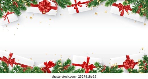 Christmas background with presents and fir-tree branches. Holiday decoration with gift boxes on white background. Frame for New year banners, gift certificates, social media. Copy-space for text.