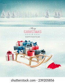Christmas background with presents on a sleigh. Vector. 