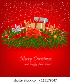 Christmas background with presents and a red ribbon. Vector illustration.