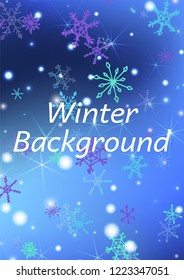 Christmas Background with Pretty Snowflakes and Shiny Lights. Festive Background for Christmas Decoration, Wrapping, Paper. Vertical A4 Vector Background.