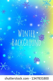 Christmas Background with Pretty Snowflakes and Shiny Lights. Festive Background for Christmas Decoration, Brochure, Card. Vertical A4 Vector Background.