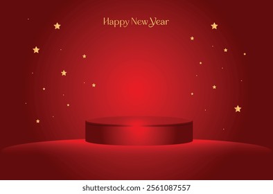 Christmas background with product display. 3D stand, shiny lights and stars with gradient color. Happy New Year text, celebration design for web banners, cards and sale contents.
