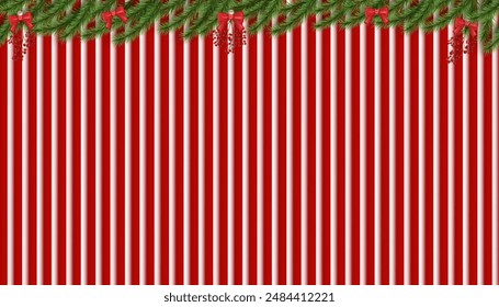 Christmas background product display concept,Seamless Red Studio Room 3d with fir branches on Wall,Vector Pattern Platform decorative backdrop for New Year 2025,Minimal Holiday Banner for Sale,Promote