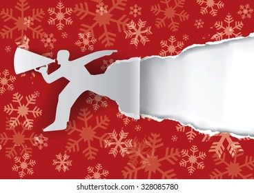 Christmas background with promotion man. 
Man advertises or sells shouts in a megaphone on the red paper christmas background.  Template  for a original advertisement. Vector  available.
