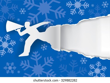 Christmas background with promotion man. 
Man advertises or sells shouts in a megaphone on the red paper christmas background with place for your text or image.  Vector  available.
