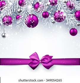 Christmas background with purple balls and bow. Vector illustration.