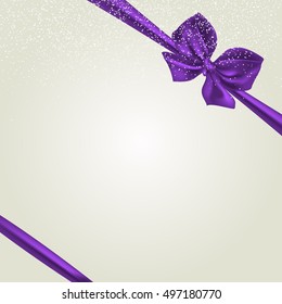 Christmas background with purple bow and ribbon. New Year. Vector illustration for your design.