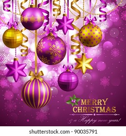 Christmas background with purple and golden baubles. Vector illustration. Check my portfolio for raster version.