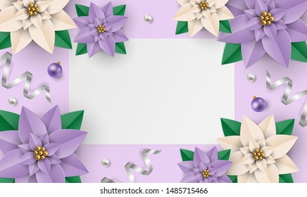 Christmas background with purple poinsettia flowers, white and purple balls and shiny ribbon with blank white paper with space for text
